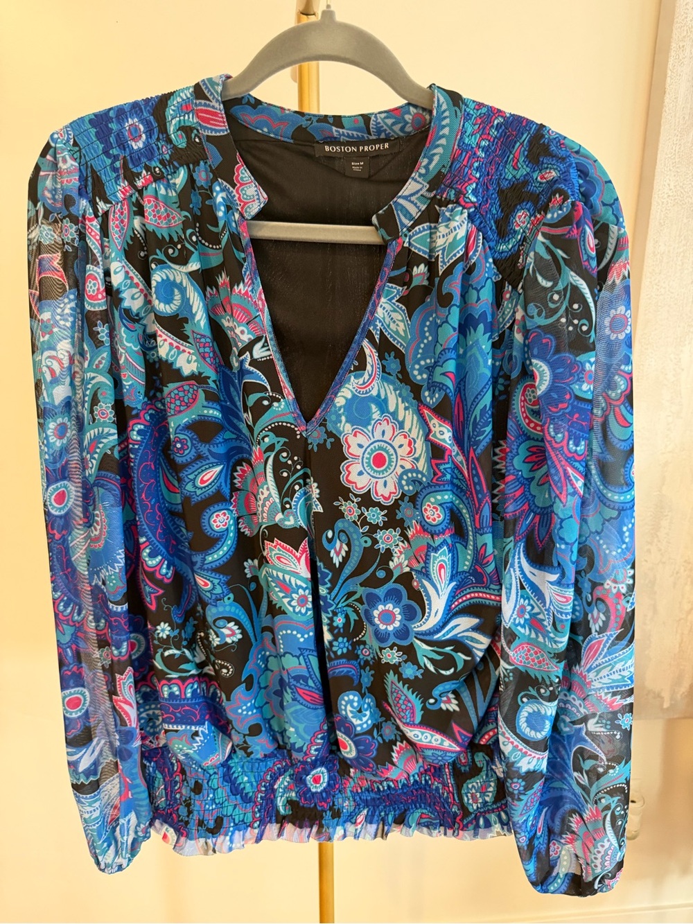 383. Boston Proper Blue Paisley V-Neck Long-Sleeve Blouse - Picture 2 of 3